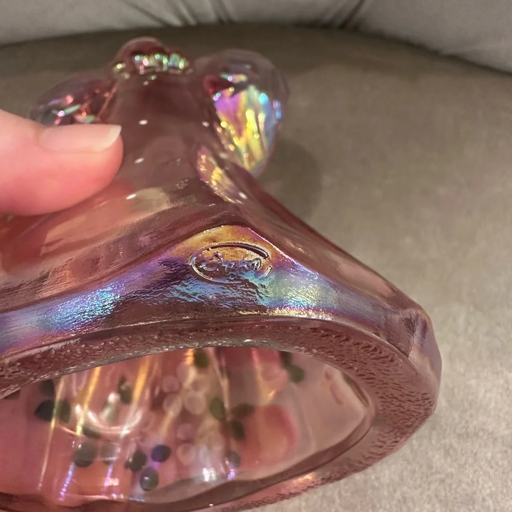 Fenton Art Glass Pink Iridescent Angel Figure Hand Painted Floral Signed 6.5